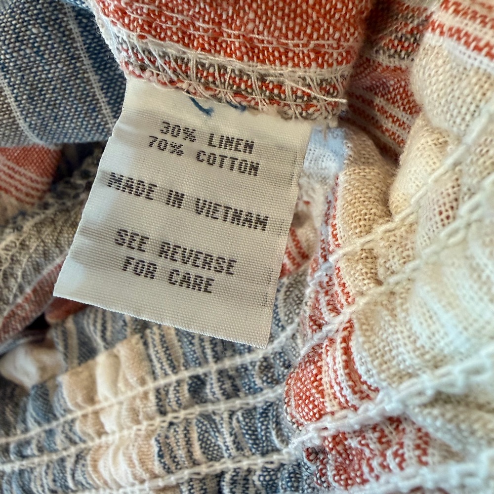 April Kiss Smocked Waist Boho Linen Cotton Blend Large Beach Pants Blue Orange - Picture 13 of 14